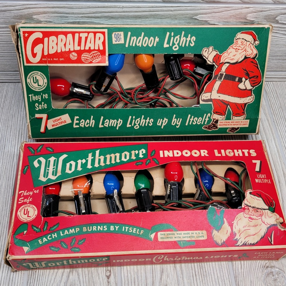 2‎ Boxes Gibraltar Worthmore Christmas Tree Lights Indoor 7 Bulb Lamp String Vtg